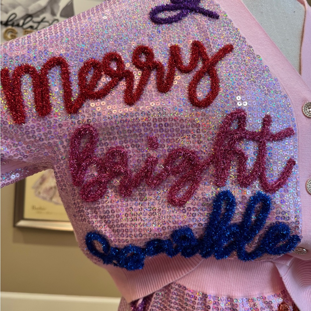 New! QUEEN OF SPARKLES Set! Pink Sequin Holiday Words Cardigan & Skirt Set - Picture 6 of 14